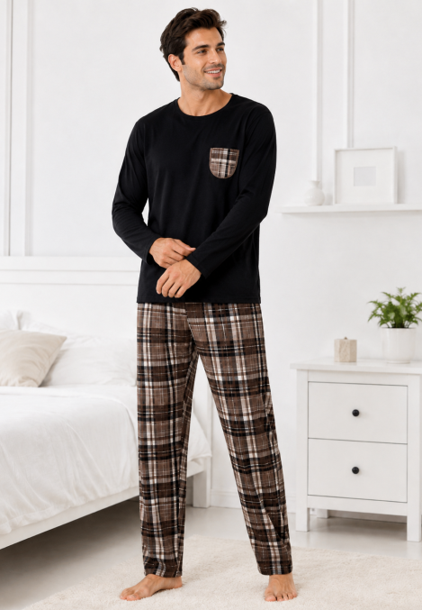 Pijama barbati Serena cu maneca lunga si pantalon lung-Negru,Engros